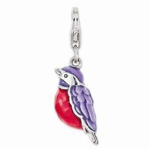 SMALL STERLING SILVER 3-D RED & PURPLE ENAMELED BIRD CHARM W/ LOBSTER CLASP