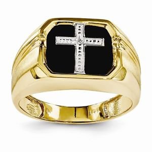 14K YELLOW GOLD ONYX & DIAMOND MEN'S CROSS RING - 4.3 GRAMS SIZE 11