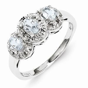 STERLING SILVER NATURAL GENUINE 1/2 CT 3-STONE BLUE AQUAMARINE & DIAMOND RING