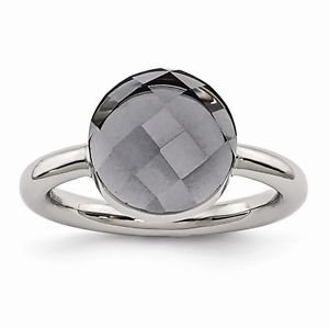 STAINLESS STEEL POLISHED CHECKERBOARD CUT GREY GLASS RING - SIZE 6