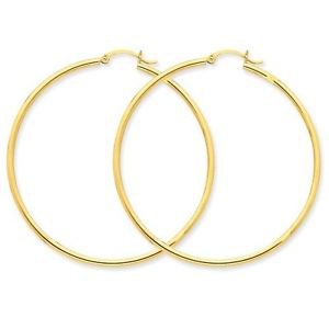 14K YELLOW GOLD POLISHED PLAIN HOOPS/ HOLLOW HOOP EARRINGS 2x55mm 2.9 GM 2.2"