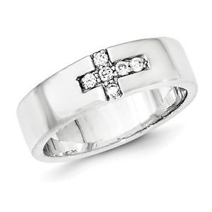 SOLID STERLING SILVER CZ SIDEWAYS CROSS RING / 6MM WIDTH POLISHED BAND - SIZE 6