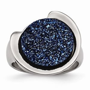 CONTEMPORARY / MODERN STAINLESS STEEL POLISHED WITH BLUE DRUZY RING - SIZE 7