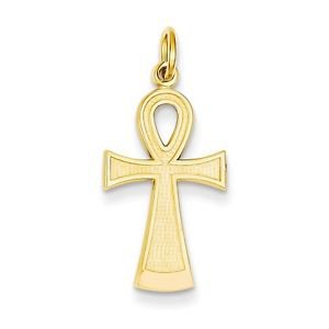 14K SOLID YELLOW GOLD TEXTURED EGYPTIAN ANKH CROSS CHARM PENDANT - 1.1 INCH