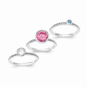 STERLING SILVER PINK CZ CLEAR CZ & BLUE GLASS 3 - PIECE RING SET - SIZE 7