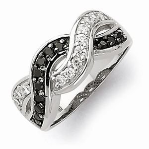 STERLING SILVER BLACK & CLEAR CZ WAVY TWIST SWIRL BAND RING - SIZE 8