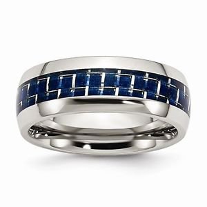 8MM POLISHED STAINLESS STEEL BLUE CARBON FIBER INSERT BAND/ RING - SIZE 9.5