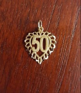 14K YELLOW GOLD SMALL SATIN "50" HEART CHARM PENDANT - ANNIVERSARY / BIRTHDAY