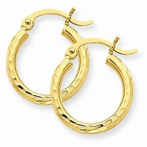 14K YELLOW GOLD TINY DIAMOND-CUT HOOPS/ HOLLOW HOOP EARRINGS 2x15mm 0.7 GM
