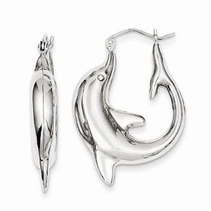 STERLING SILVER DOLPHIN HOOP EARRINGS / HOLLOW HOOPS - 1.25" - 3.35 GRAMS