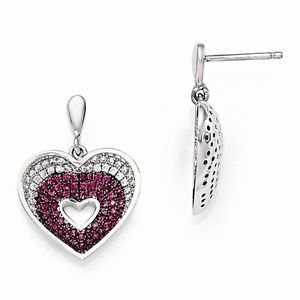 STERLING SILVER WHITE & RED CZ BRILLIANT EMBERS HEART DROP/DANGLE POST EARRINGS