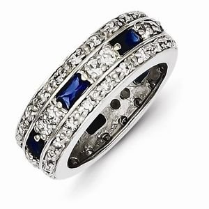 SOLID STERLING SILVER DARK BLUE AND CLEAR CZ BAND / RING- 7mm WIDTH - SIZE 8