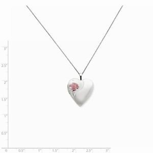 STERLING SILVER HEART WITH ENAMELED ROSE LOCKET CHARM PENDANT & NECKLACE - 18"