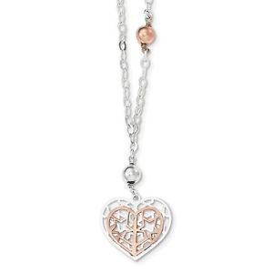 STERLING SILVER TWO TONE POLISHED AND BRUSHED HEART NECKLACE - 18"