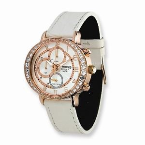 MOOG ROSE-PLATED CHRONOGRAPH WATCH WITH WHITE LEATHER BAND & SWAROV. CRYSTALS