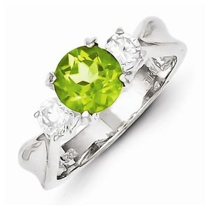 STERLING SILVER 0.85CT GENUINE NATURAL PERIDOT & CZ 3-STONE RING BAND - SIZE 8