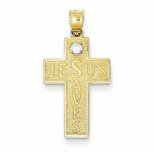 14K YELLOW GOLD POLISHED JESUS SAVES CROSS CHARM / PENDANT - 1.2 GRAMS
