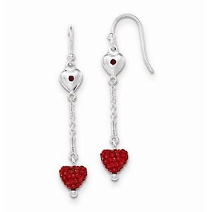 STERLING SILVER RED CZ HEART DANGLE / DROP EARRINGS