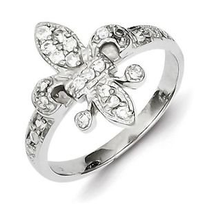 SOLID POLISHED STERLING SILVER CZ FLEUR DE LIS RING / BAND - SIZE 7