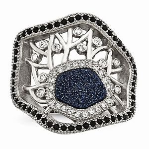 STAINLESS STEEL MODERN POLISHED DRUZY AND CRYSTAL RING - SIZE 7