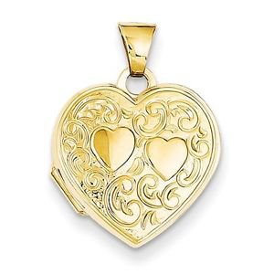 14K YELLOW GOLD SMALL HEART SHAPED W TEXTURED HEARTS DESIGN LOCKET - 0.7 GRAMS