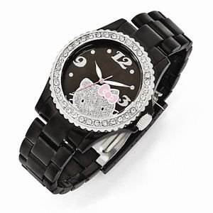 OFFICIALLY LICENSED HELLO KITTY BLACK DIAL CRYSTAL BEZEL ACRYLIC STRAP WATCH