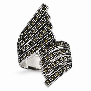 STAINLESS STEEL POLISHED AND ANTIQUED CONTEMPORARY MARCASITE RING - SIZE 8