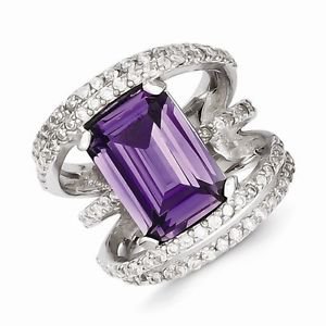 BEAUTIFUL STERLING SILVER PURPLE AND CLEAR RECTANGULAR STONE CZ RING- SIZE 7