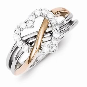 STERLING SILVER ROSE GOLD PLATED WAVY TWIST DESIGN CZ HEART RING - SIZE 8