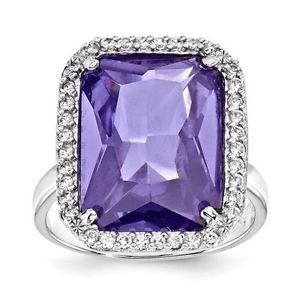 STERLING SILVER RECTANGLE / RECTANGULAR CLEAR & PURPLE CZ RING -SIZE 9