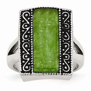 STAINLESS STEEL ANTIQUED SYNTHETIC JADE RECTANGULAR RING - SIZE 8