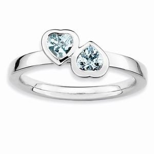 STERLING SILVER STACKABLE EXPRESSIONS DOUBLE HEART AQUAMARINE RING - SIZE 9
