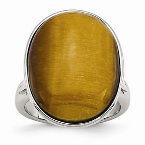 POLISHED STAINLESS STEEL CABOCHON OVAL SHAPED TIGERS EYE RING - SIZE 8