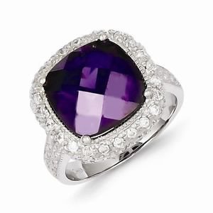 BEAUTIFUL STERLING SILVER CHECKERBOARD CUT PURPLE CZ SQUARE HALO RING - SIZE 7