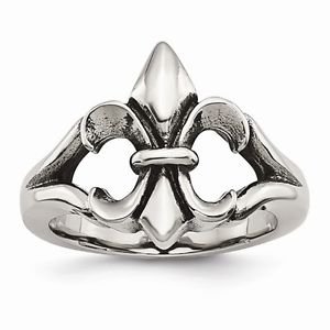 STAINLESS STEEL MENS POLISHED & ANTIQUED FLEUR DE LIS RING - SIZE 11