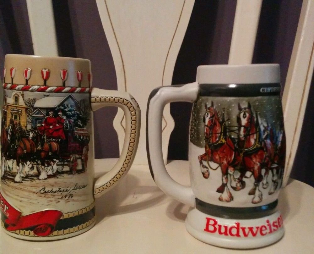 Vintage 1987 & 1989 Budweiser Christmas Holiday Steins MugsÂ