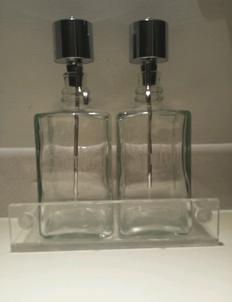 Two Vintage Etched Pump Dispense Decanters - Bourbon & Scotch "SAVE NOW"