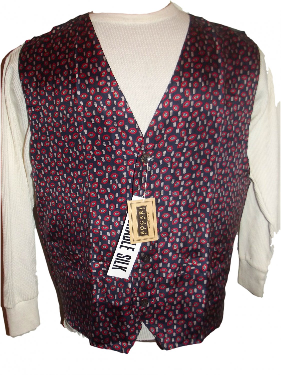 Large BOGARi Studio Mens 100% Silk Casual Vest Washable Abstract Print Multi Color