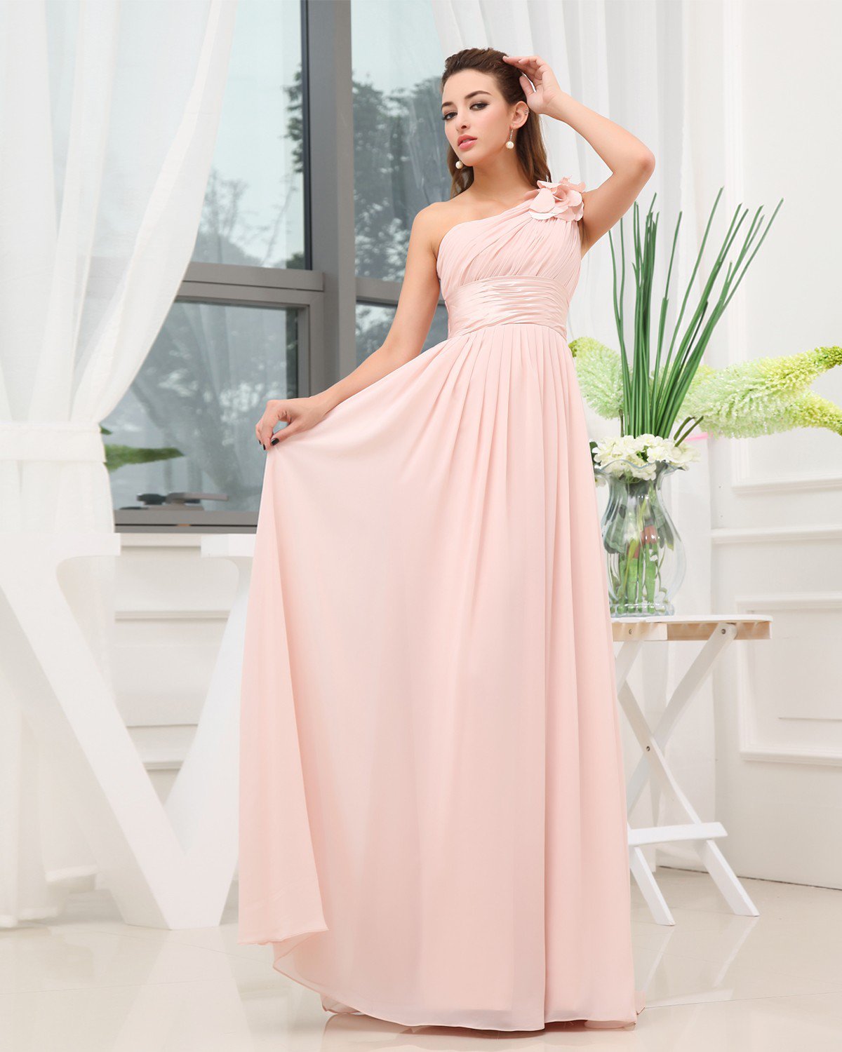 One Shoulder Pleated Flower Sleeveless Zipper Floor Length Chiffon Woman Bridesmaid Dress