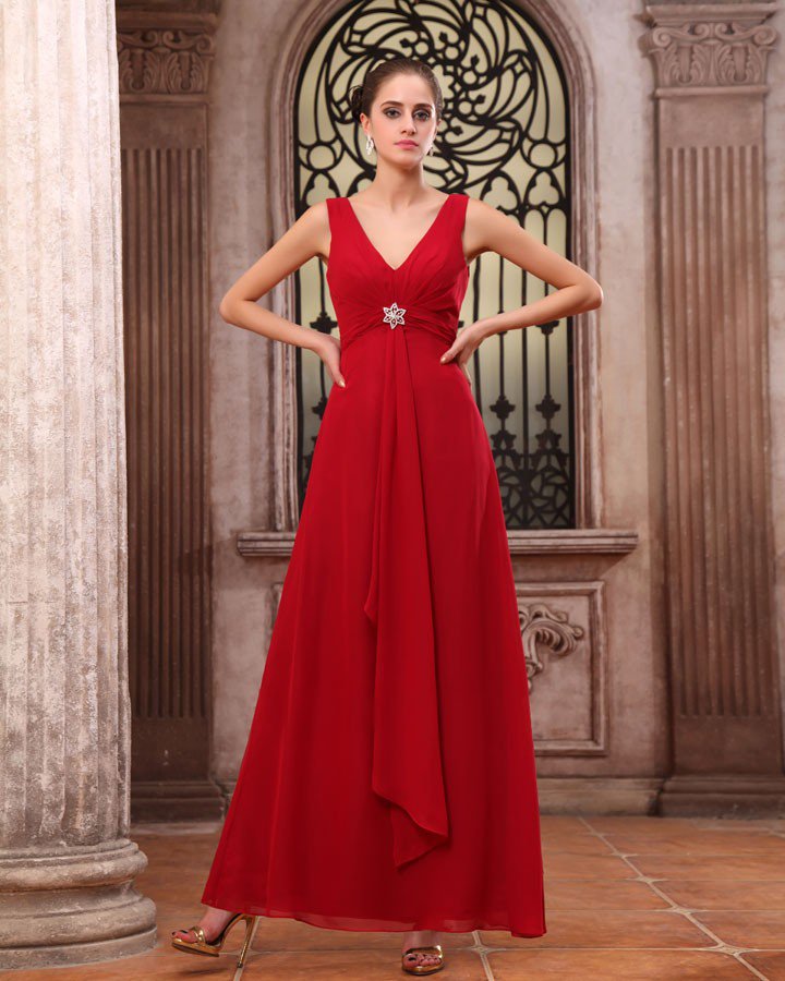 Elegant Chiffon Ruffles V Neck Floor Length Bridesmaid Dress Gown