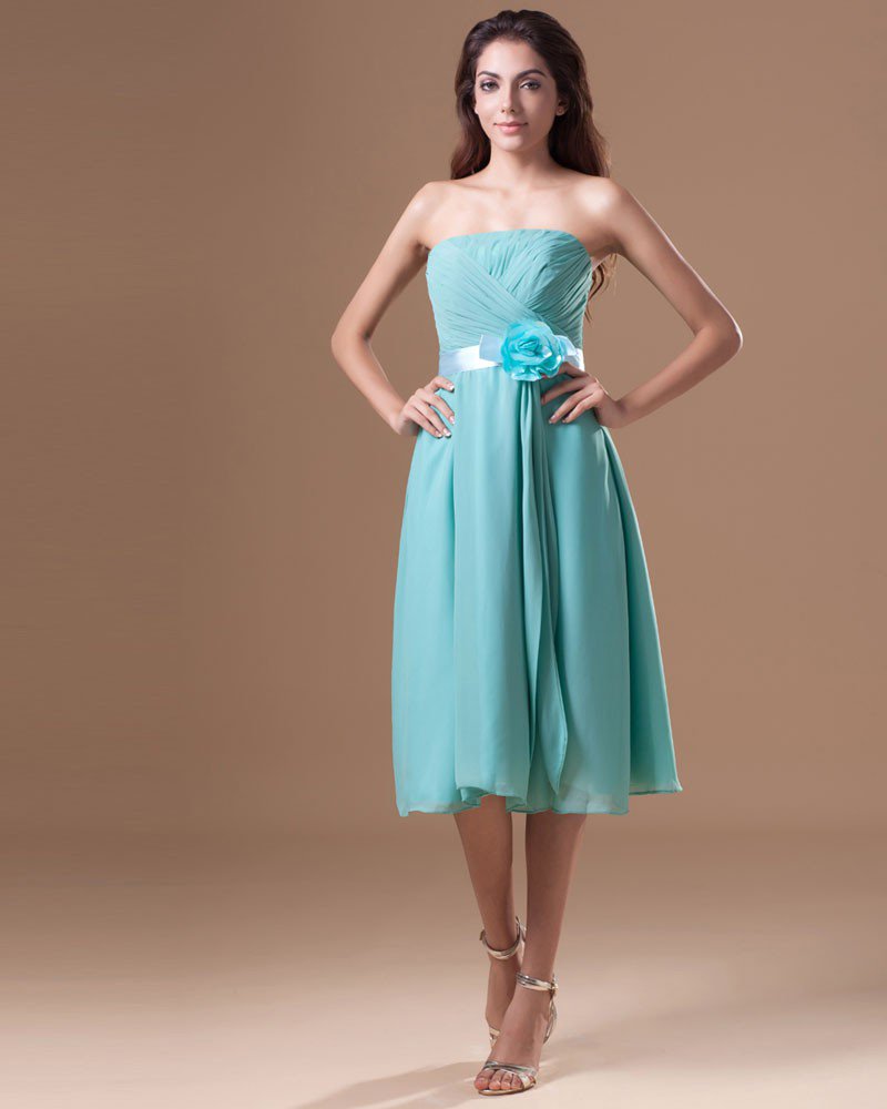 Chiffon Ruffle Flower Strapless Tea Length Pleated Bridesmaid Dress