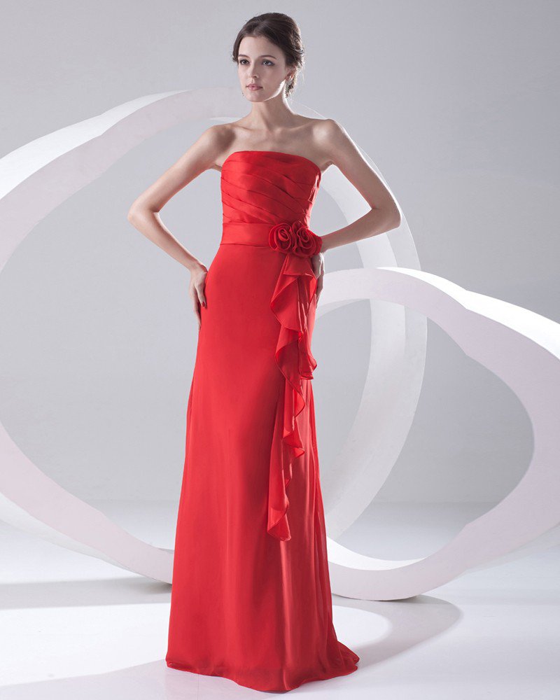 Fashion Chiffon Pleated Ruffle Flowers Strapless Sleeveless Floor Length Bridesmaid Dress