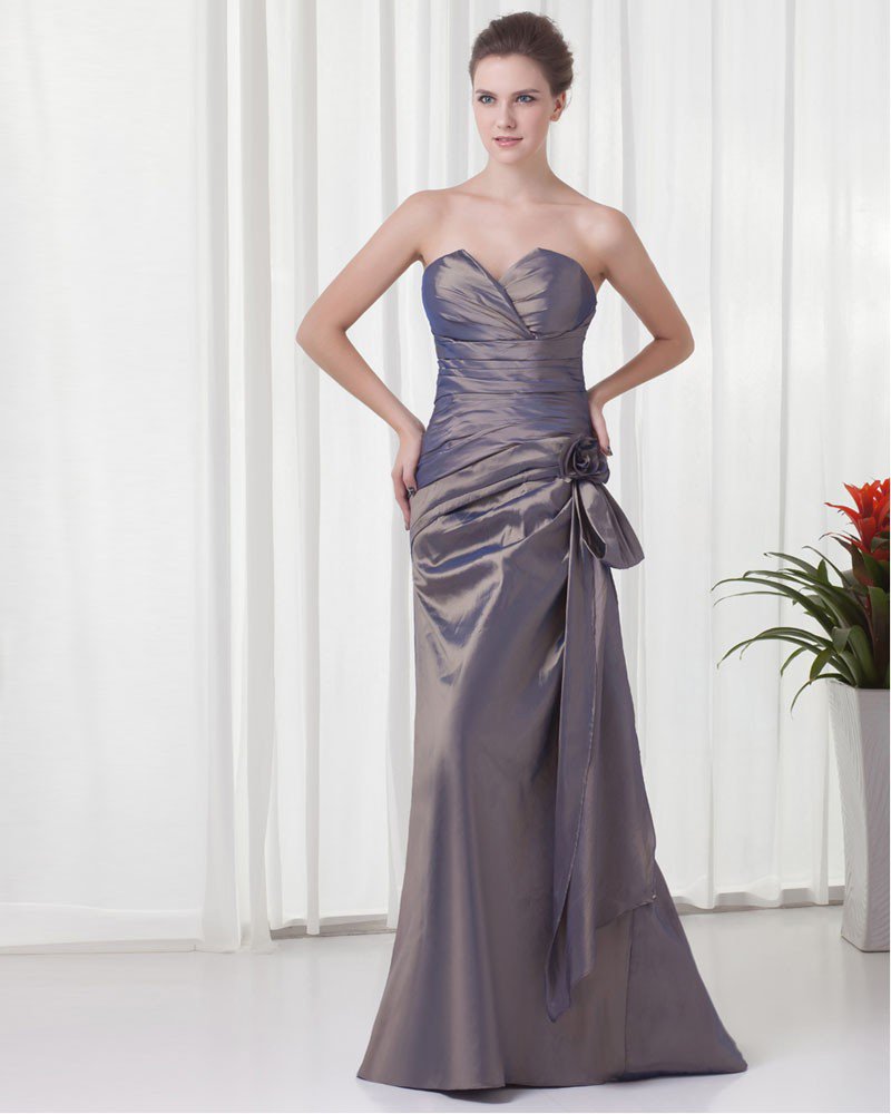 Elegant Ruffle Flower Decoration Sweetheart Floor Length Taffeta Bridesmaid Dress