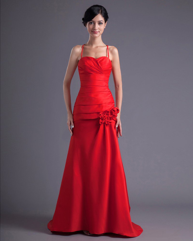 Fashion Satin Pleated Flower Spaghetti Strap Floor Length Bridesmaid Dress