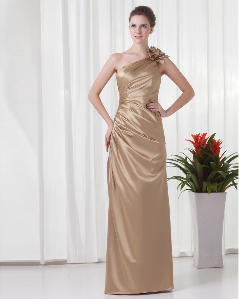 Elegant Ruffle Sloping Flower Decoration Floor Length Charmeuse Bridesmaid Dress