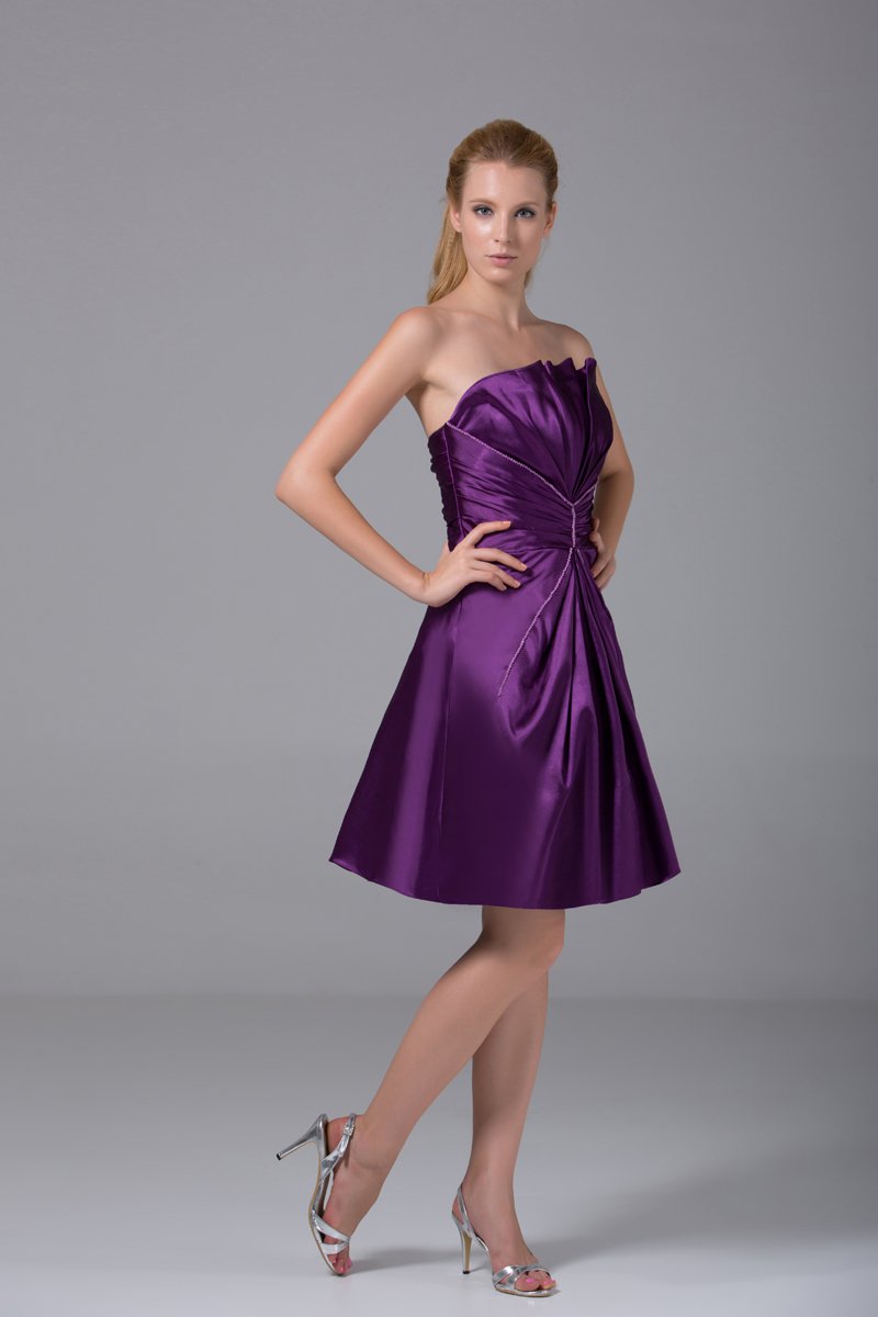 Modest Strapless Thigh Length Beading Pleated Imitation Silk Bridesmaid Dress