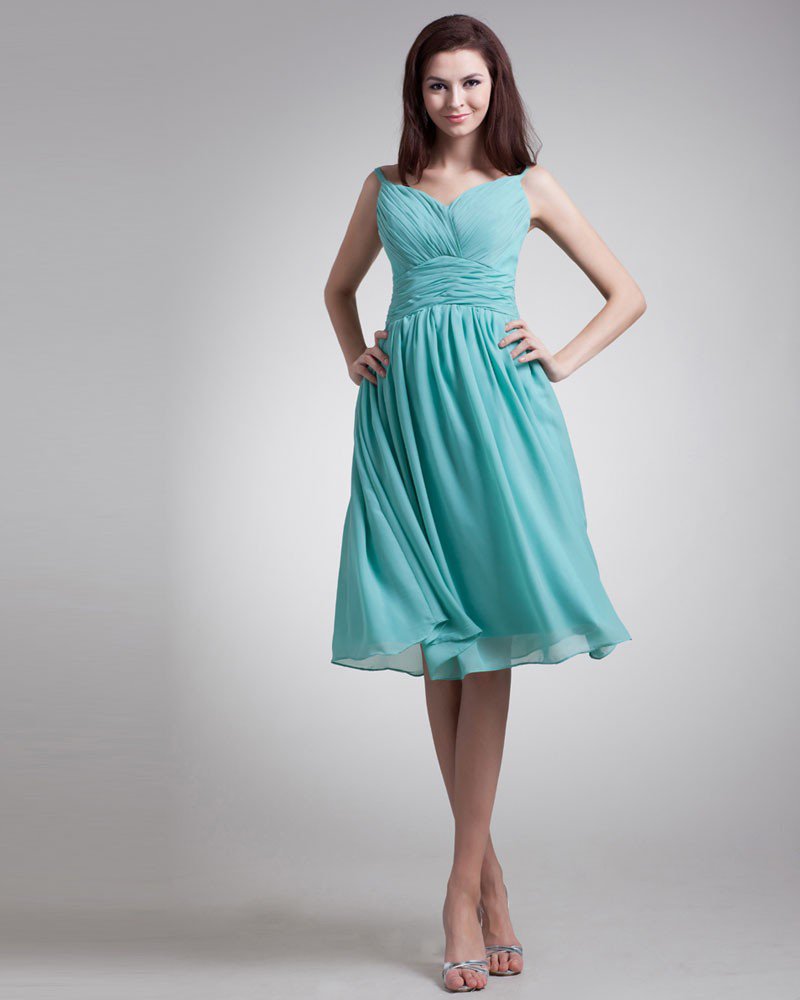Chiffon Ruffle Spaghetti Straps Knee Length Bridesmaid Dress