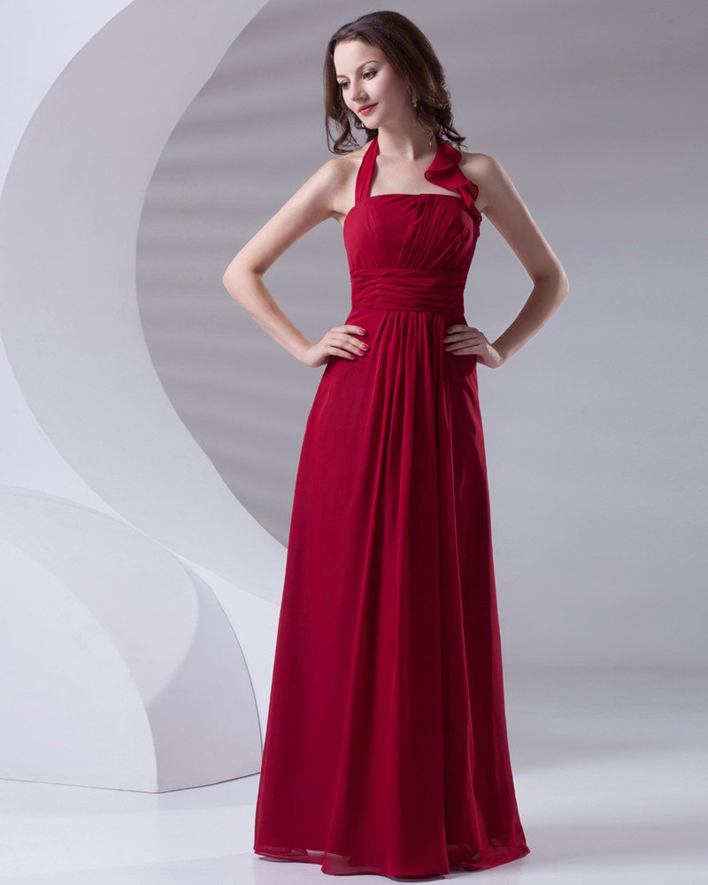 Fashion Halter Floor Length Ruffle Chiffon Bridesmaid Dress