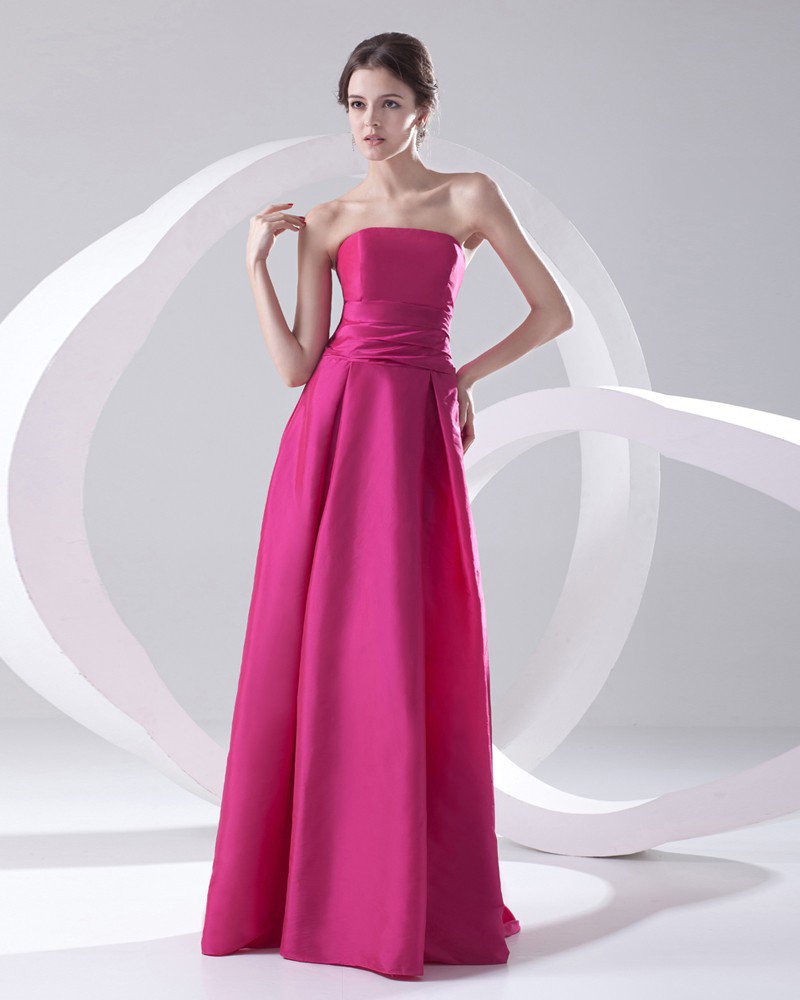 Fashion Satin Pleated Strapless Sleeveless Floor Length Bridesmaid Dress