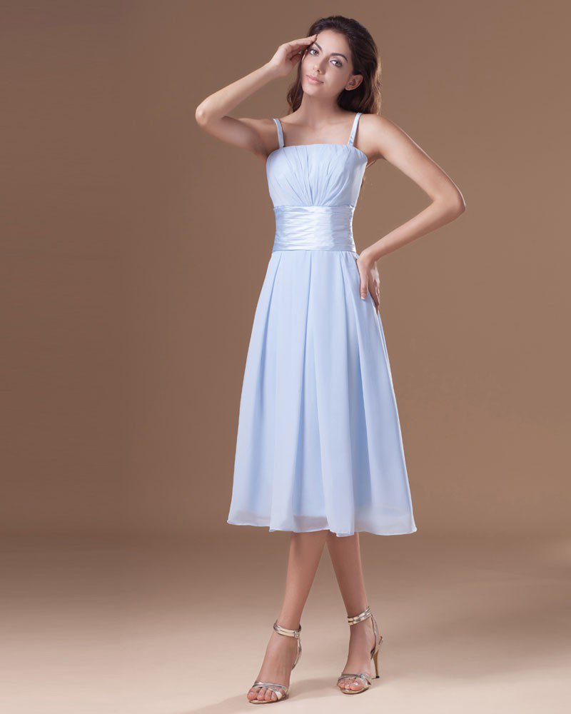 Chiffon Ruffle Spaghetti Straps Tea Length Bridesmaid Dress